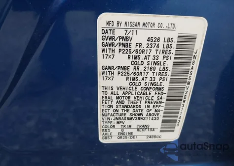 2011 Nissan Rogue Sv из США, поврежденный, VIN JN8AS5MV3BW311430